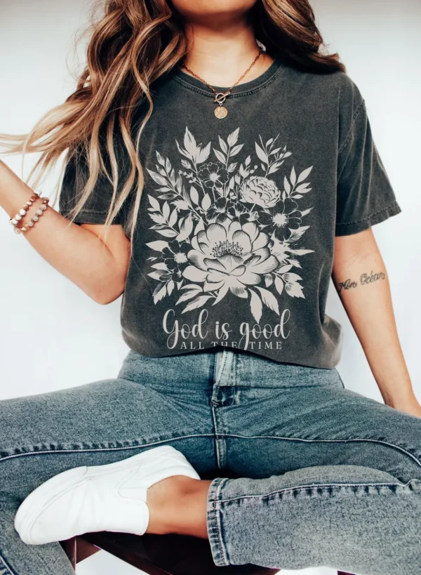 Pepper Ladies Jesus T-Shirt – God Is Good All the Time Floral Design