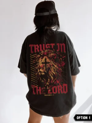 Black Classic Christian T-Shirt – Trust in the Lord Proverbs 3:5 Lion Cross Design - S