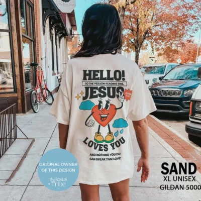Ivory Unisex Jesus T-Shirt – Hello! Jesus Loves You John 3:16 Design - S