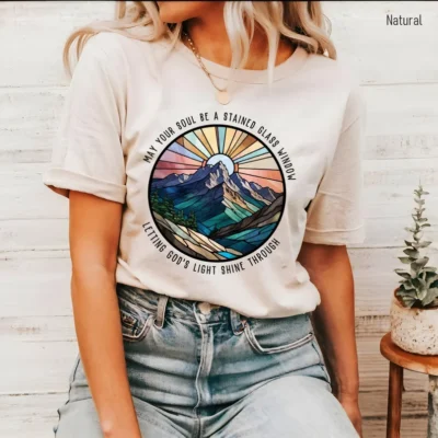 White Ladies Christian T-Shirt – Stained Glass Window Let God’s Light Shine - S