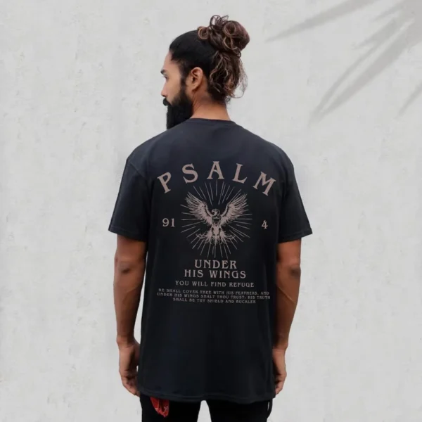 Black Classic Christian T-Shirt – Psalm 91:4 Under His Wings Eagle Design