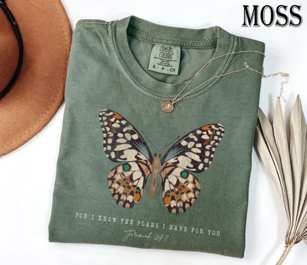 Moss Ladies Christian T-Shirt – Jeremiah 29:11 Butterfly Design
