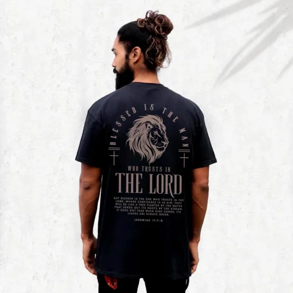 Black Classic Christian T-Shirt – Jeremiah 17:7 Blessed Is the Man Lion Design