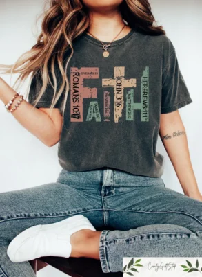 Graphite Ladies Christian T-Shirt – FAITH Bible Verse Cross Design - S