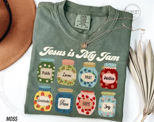 Moss Ladies Jesus T-Shirt – Jesus Is My Jam Colorful Jar Design - S