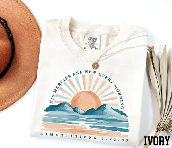 Ivory Ladies Christian T-Shirt – Lamentations 3:22 His Mercies Are New Every Morning